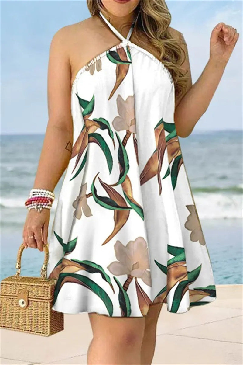 Casual Print Bandage Backless Halter Sleeveless Dress Dresses(7 Colors)