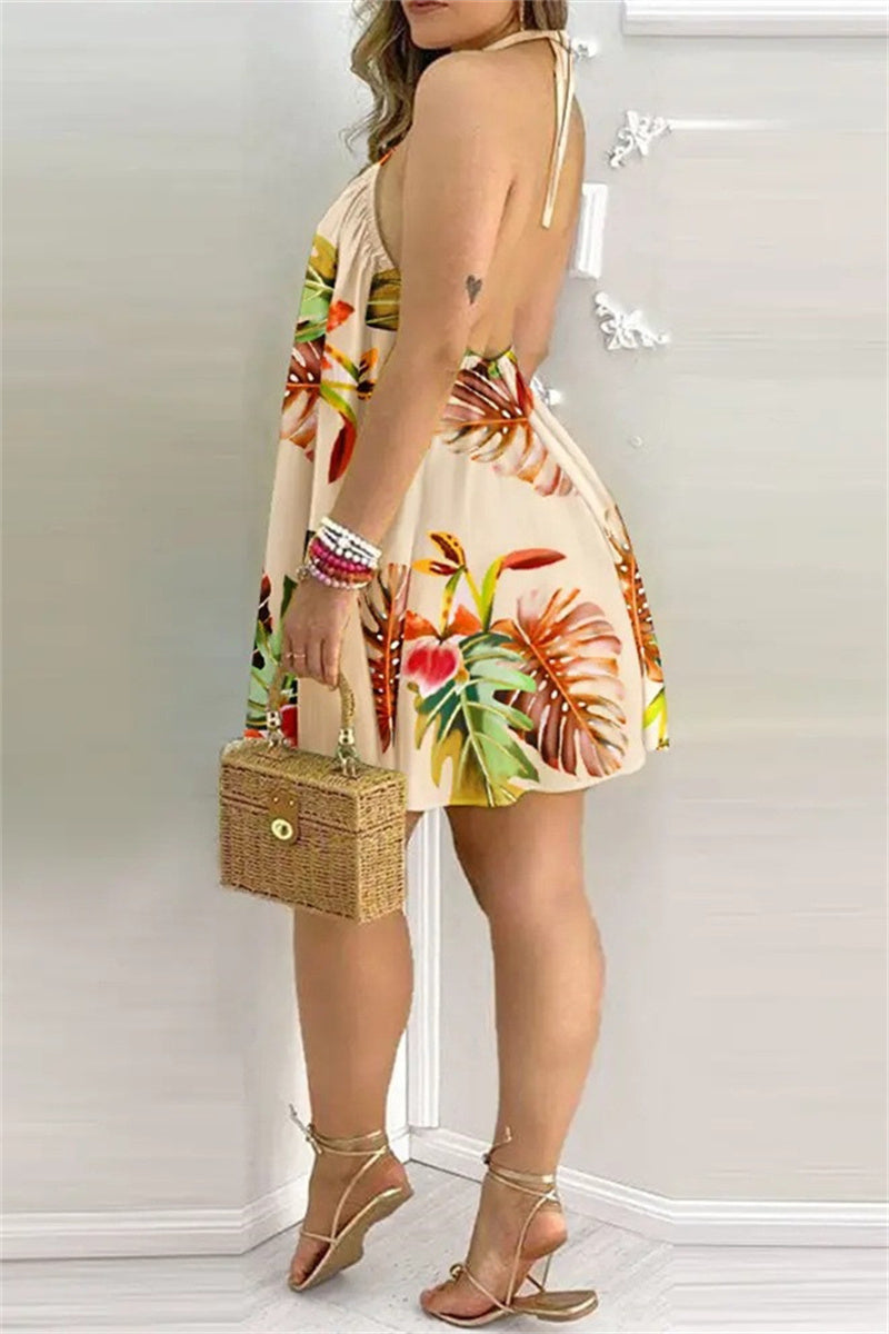 Casual Print Bandage Backless Halter Sleeveless Dress Dresses(7 Colors)