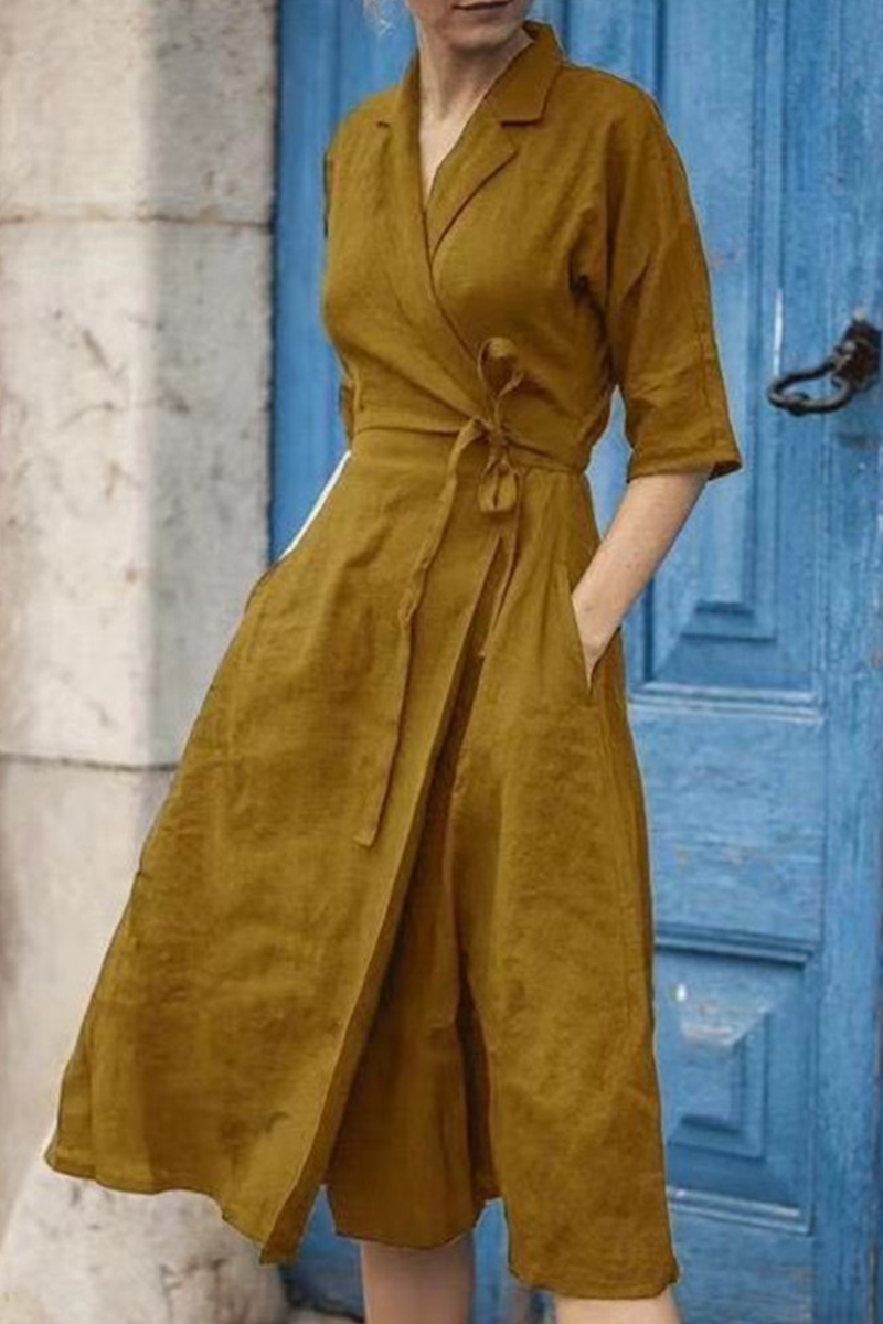 Casual Solid Patchwork Turndown Collar Waist Skirt Dresses