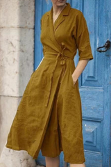 Casual Solid Patchwork Turndown Collar Waist Skirt Dresses