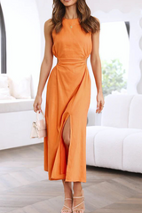 Casual Solid Hollowed Out O Neck Waist Skirt Dresses(4 Colors)