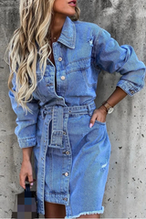 Casual Solid Patchwork Turndown Collar Shirt Dress Dresses