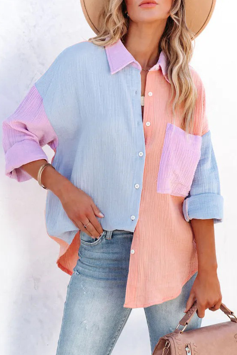 Casual Solid Patchwork Turndown Collar Blouses (4 Colors)