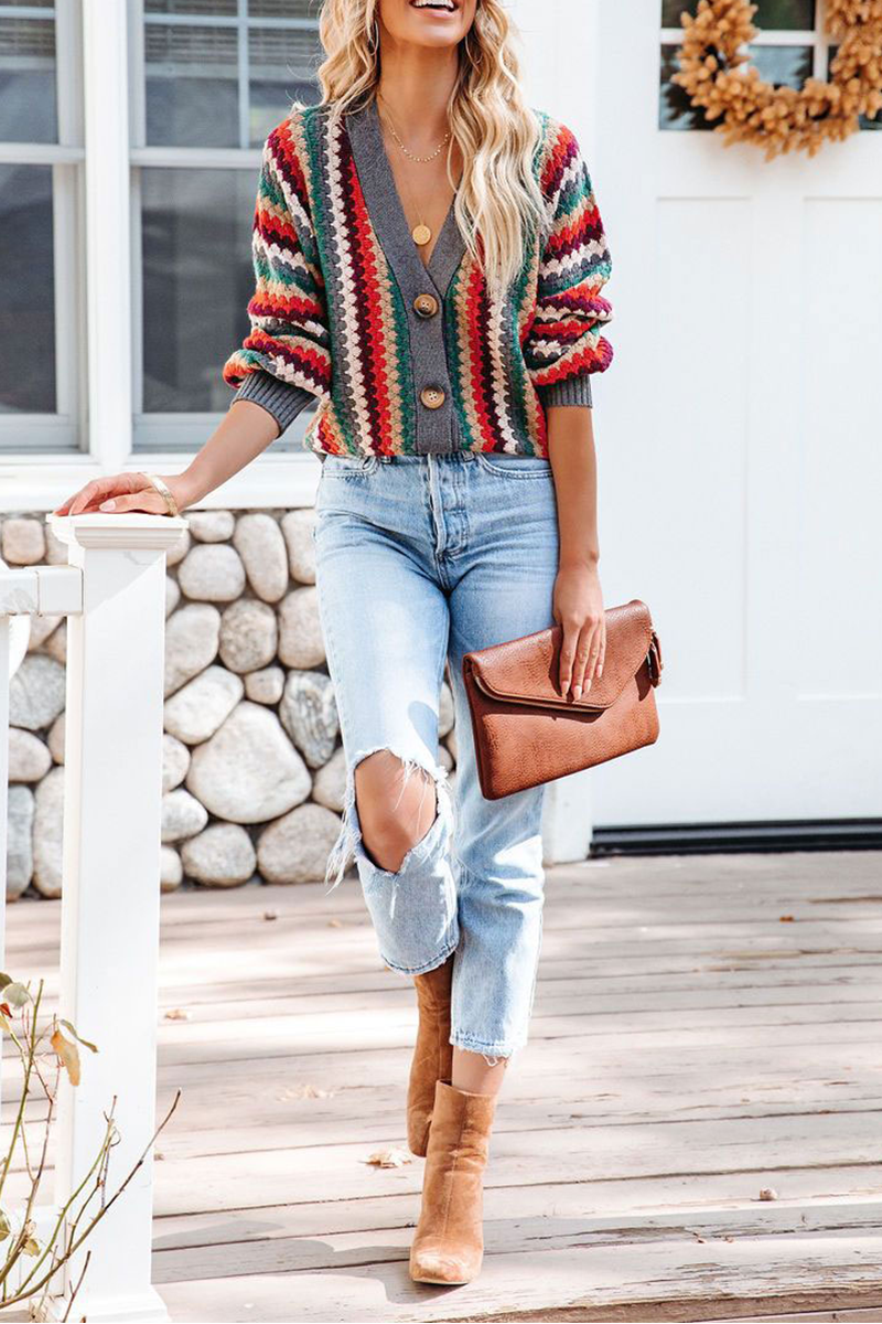 Casual Striped Patchwork Cardigan Collar Sweaters