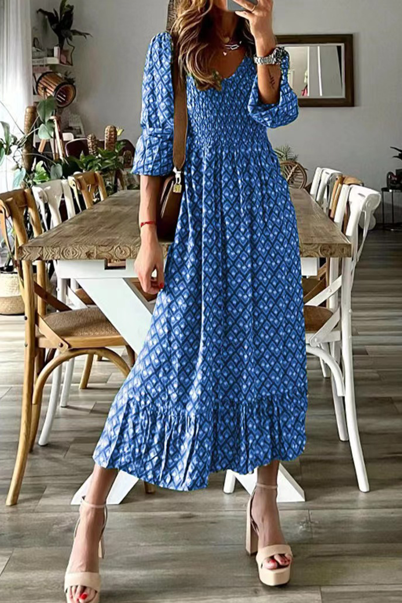 Casual Print Patchwork V Neck Cake Skirt Dresses(3 Colors)