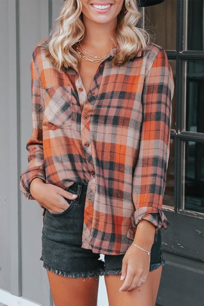 Casual Plaid Patchwork Turndown Collar Tops