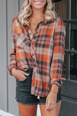 Casual Plaid Patchwork Turndown Collar Tops