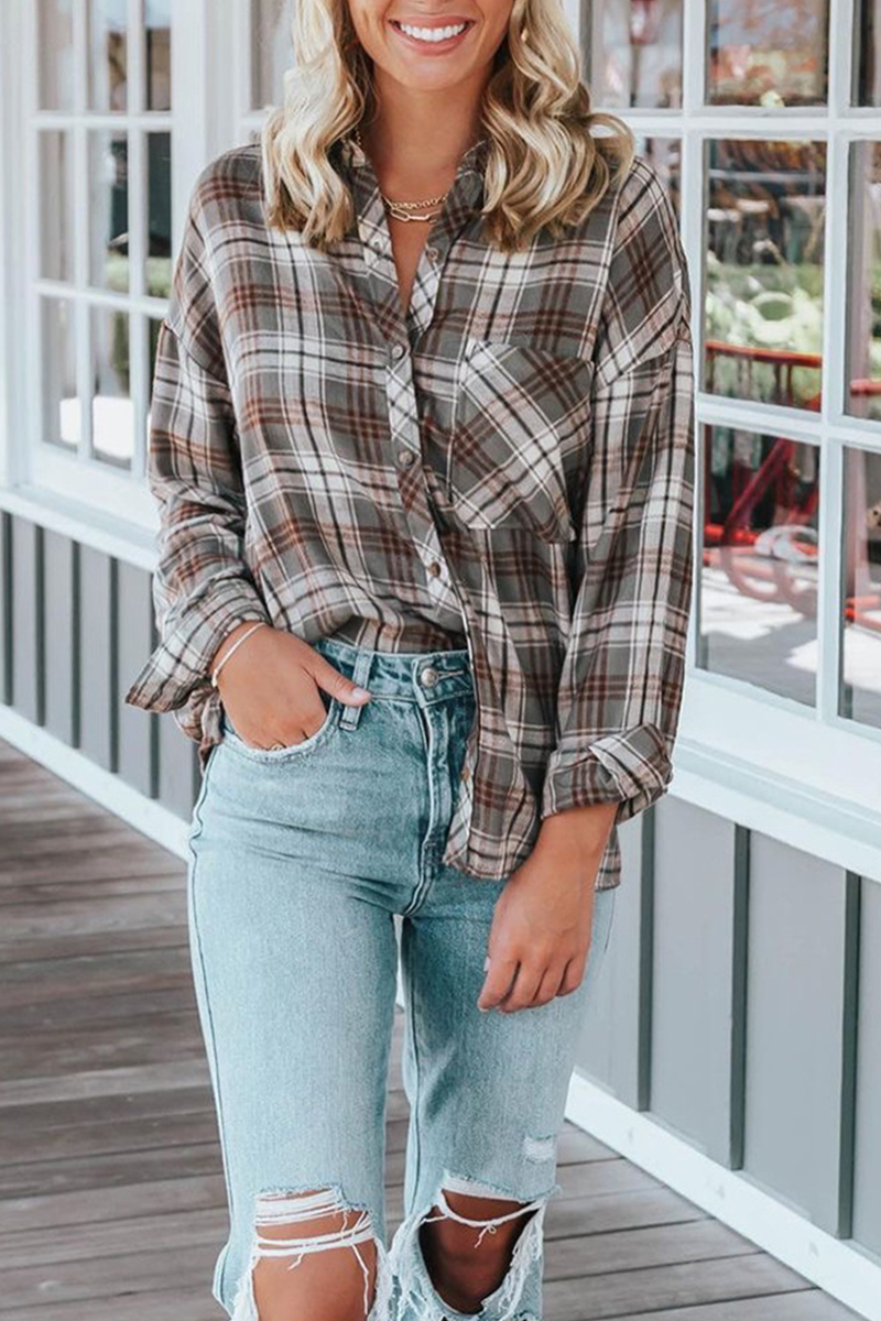 Casual Plaid Patchwork Turndown Collar Blouses