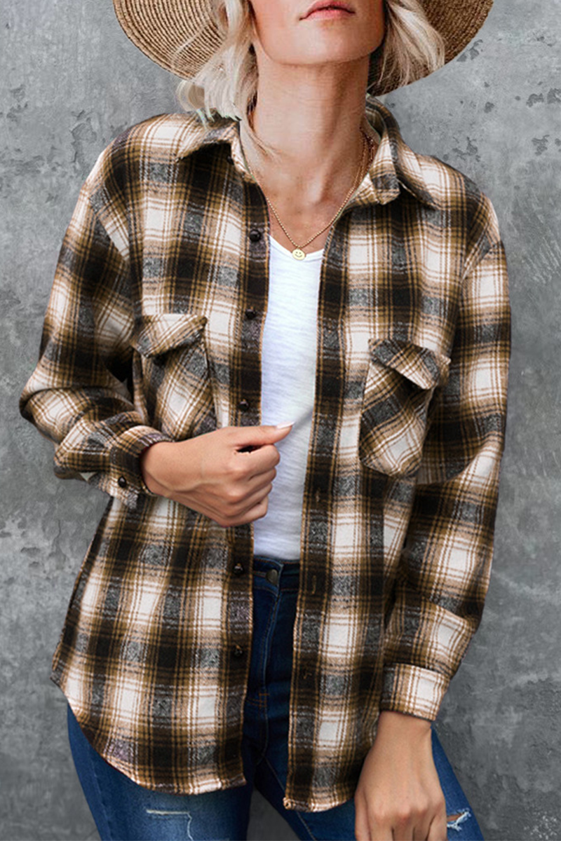 Casual Plaid Patchwork Turndown Collar Tops