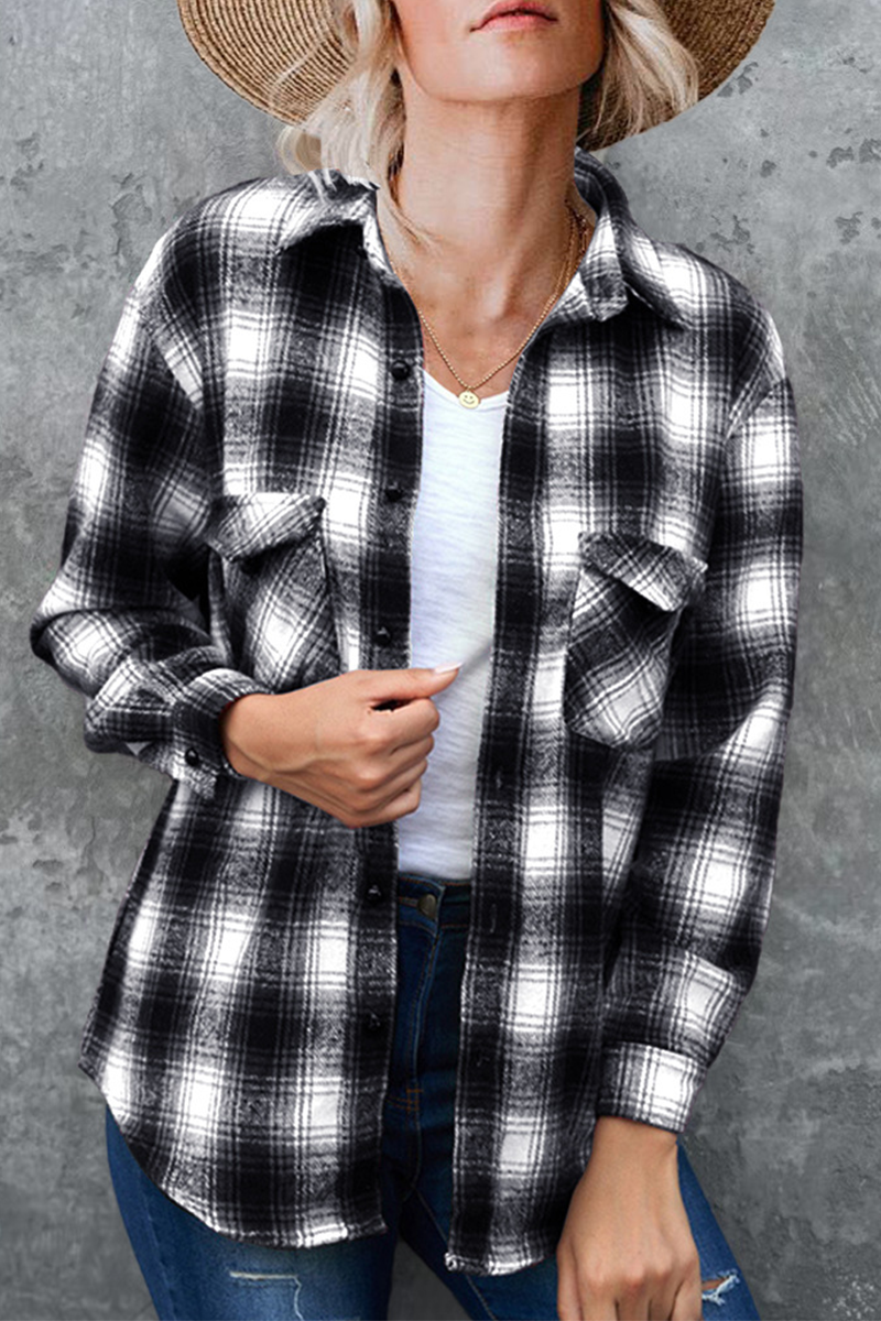 Casual Plaid Patchwork Turndown Collar Tops