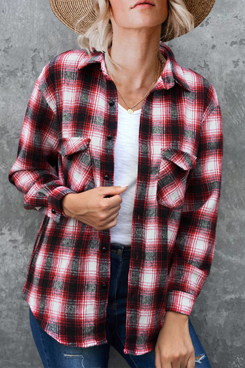 Casual Plaid Patchwork Turndown Collar Tops