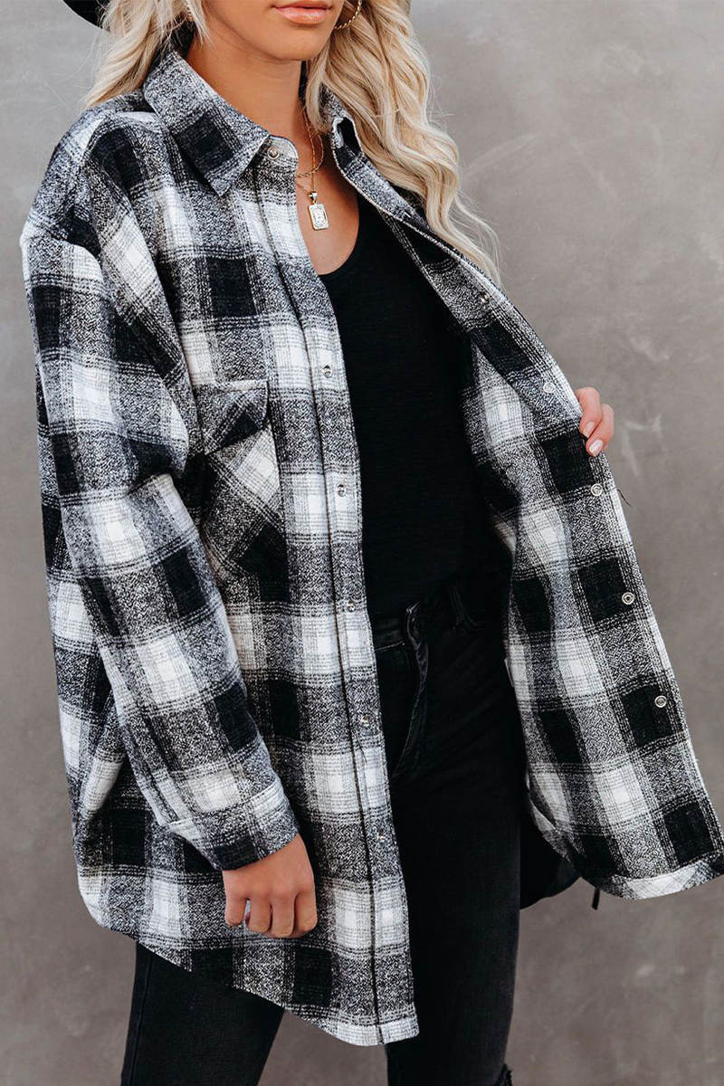 Casual Plaid Patchwork Turndown Collar Tops