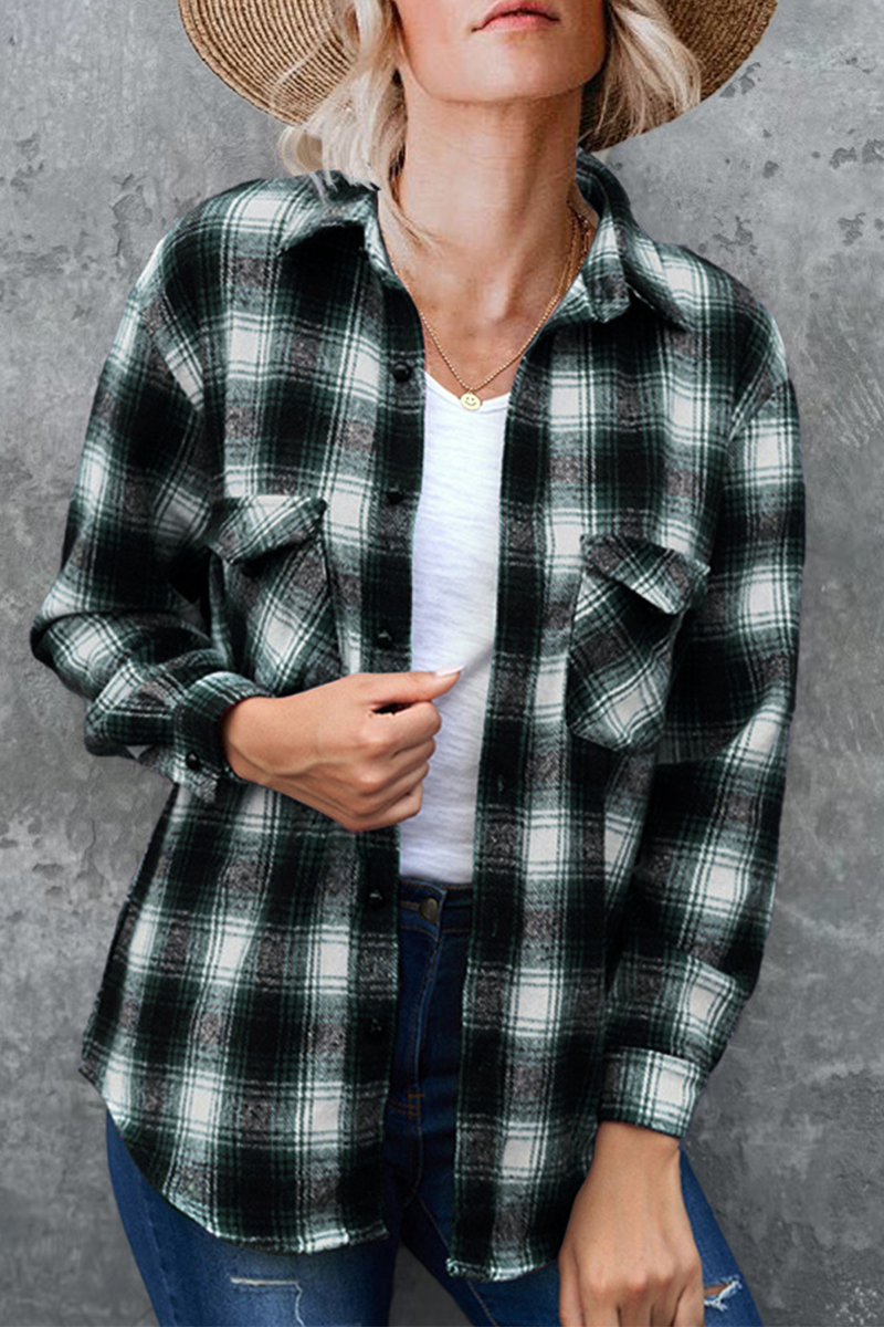 Casual Plaid Patchwork Turndown Collar Tops