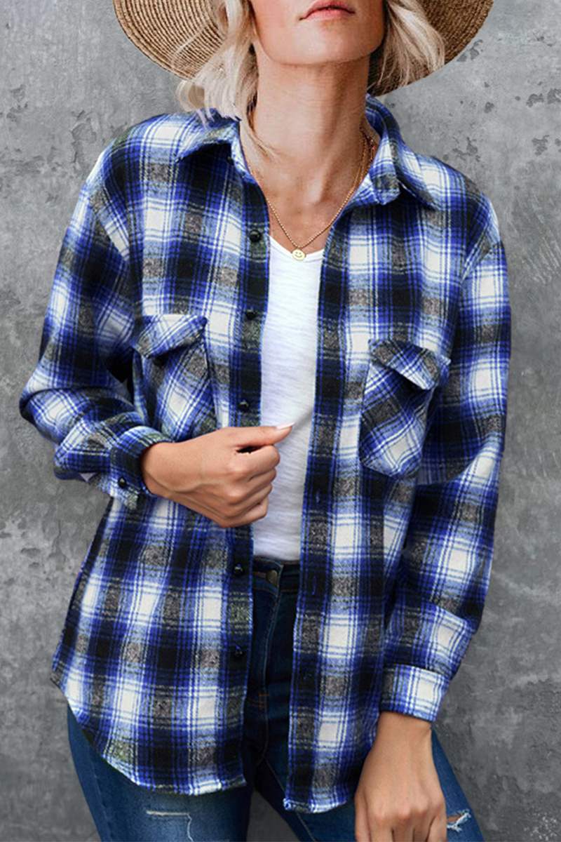 Casual Plaid Patchwork Turndown Collar Tops