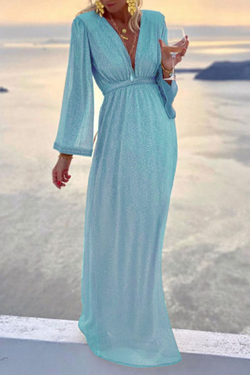 Fashion Elegant Solid Patchwork Fold V Neck Evening Dress Dresses