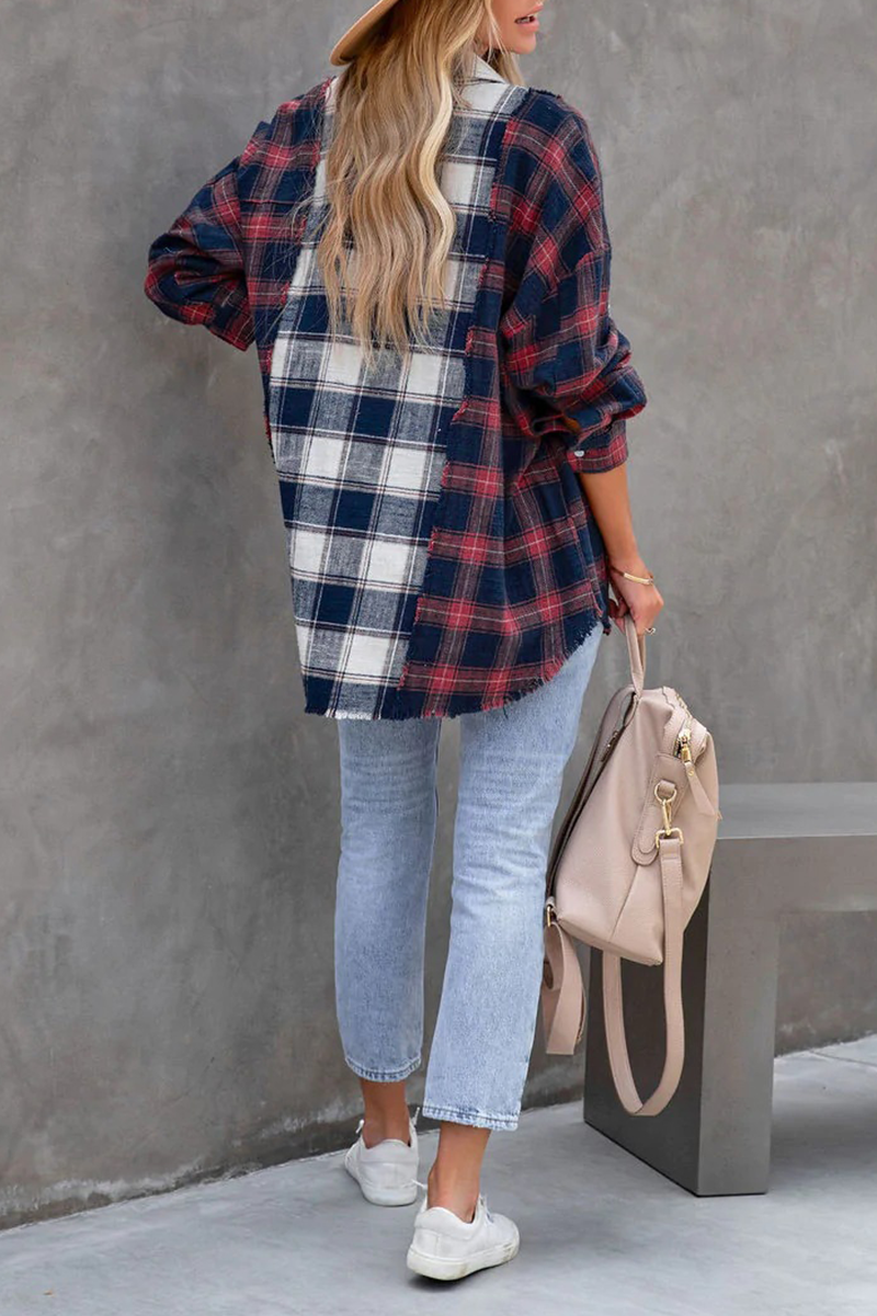 Casual Plaid Patchwork Turndown Collar Tops