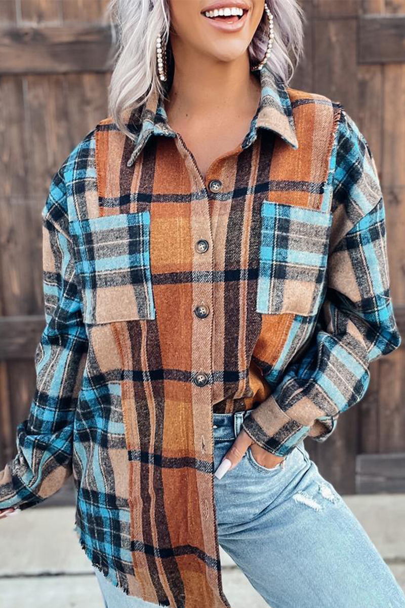 Casual Plaid Patchwork Turndown Collar Blouses