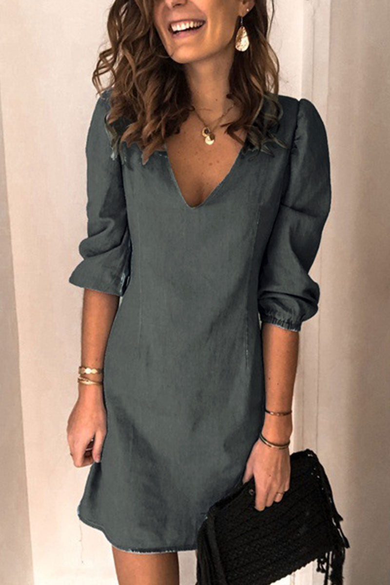 Fashion Casual Solid V Neck Denim Dress Dresses(4 Colors)