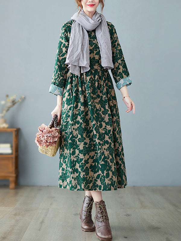 Artistic Retro Ramie Cotton Floral Printed Pleated Round-Neck Long Sleeves Midi Dress