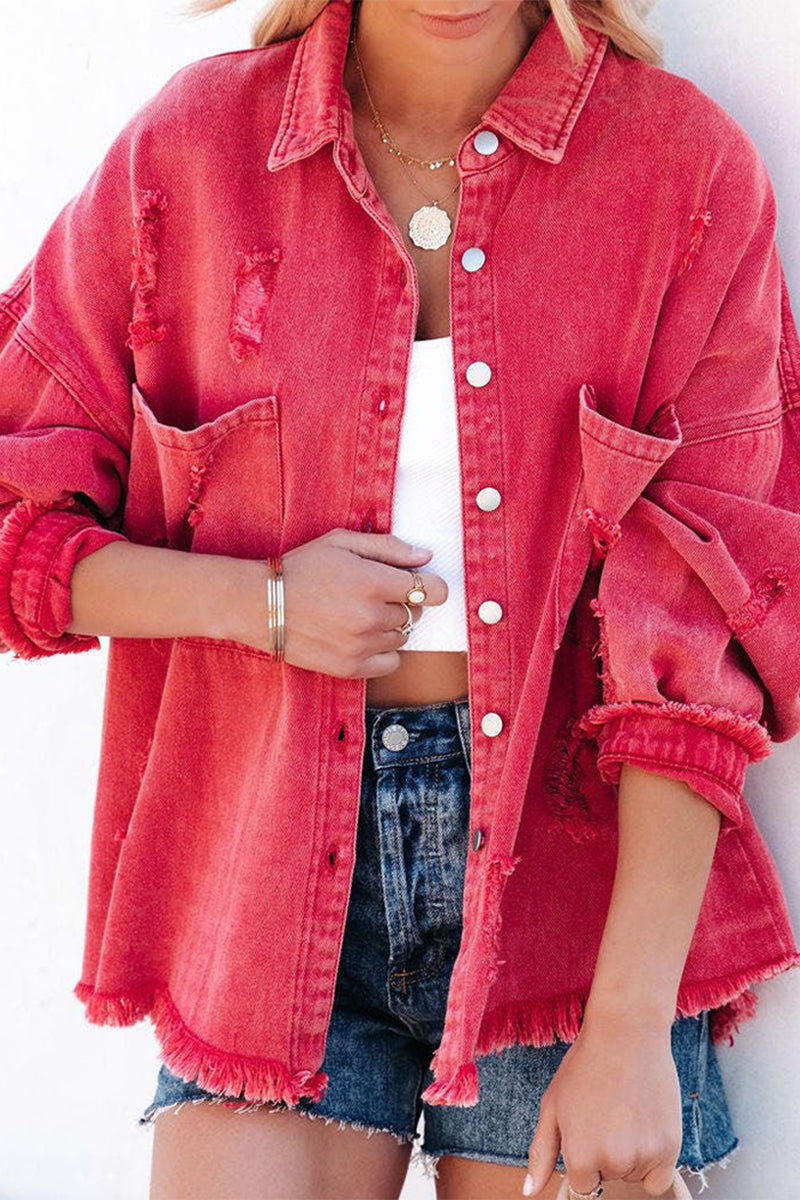 Fashion Solid Ripped Make Old Turndown Collar Long Sleeve Loose Denim Jacket(5 Colors)