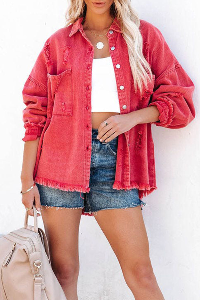 Fashion Solid Ripped Make Old Turndown Collar Long Sleeve Loose Denim Jacket(5 Colors)