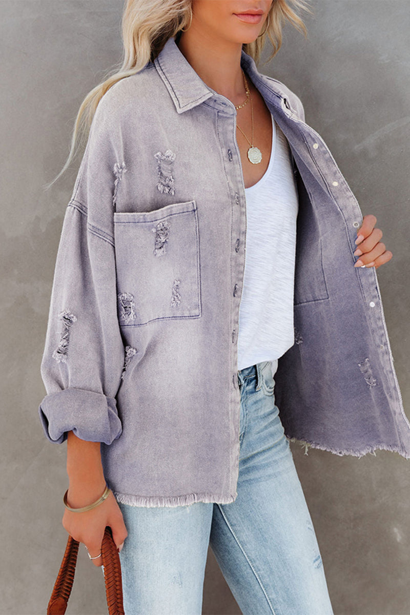 Fashion Solid Ripped Make Old Turndown Collar Long Sleeve Loose Denim Jacket(5 Colors)