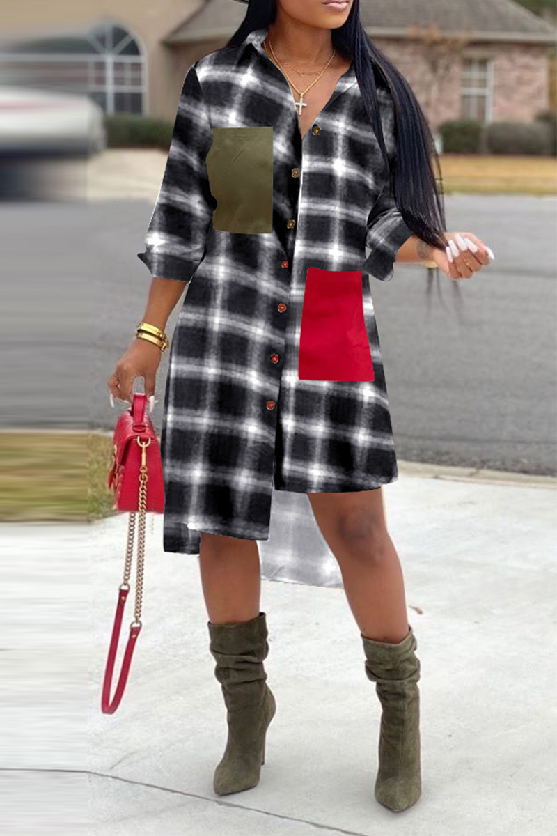 Casual Plaid Patchwork Turndown Collar Shirt Dress Dresses