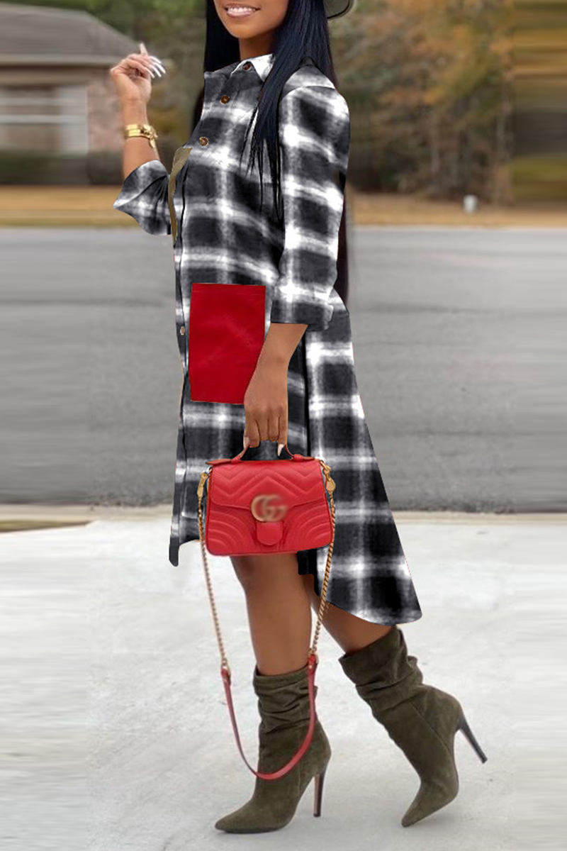 Casual Plaid Patchwork Turndown Collar Shirt Dress Dresses