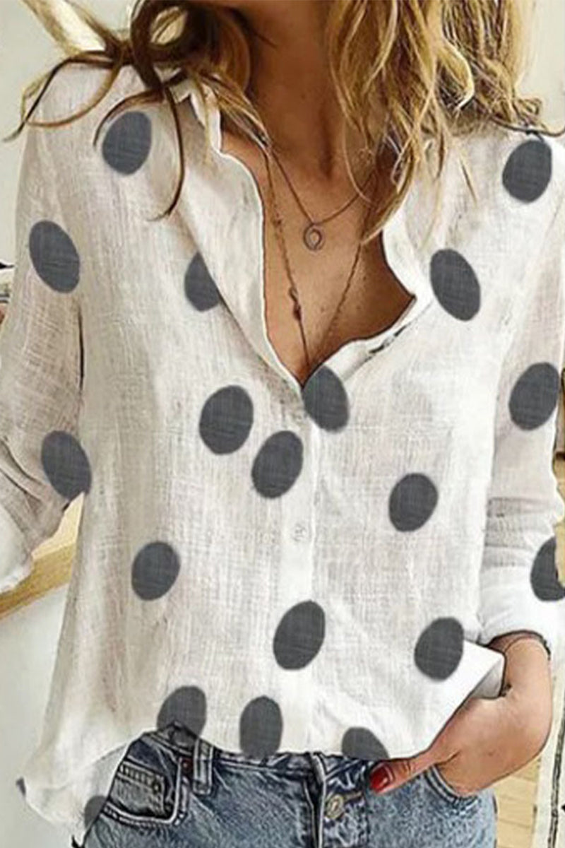 Fashion Casual Polka Dot Patchwork Printing Turndown Collar Tops