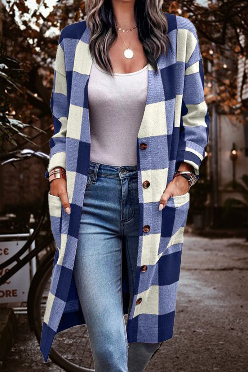 Casual Street Elegant Plaid Striped Pocket Cardigan Collar Outerwear(4 Colors)