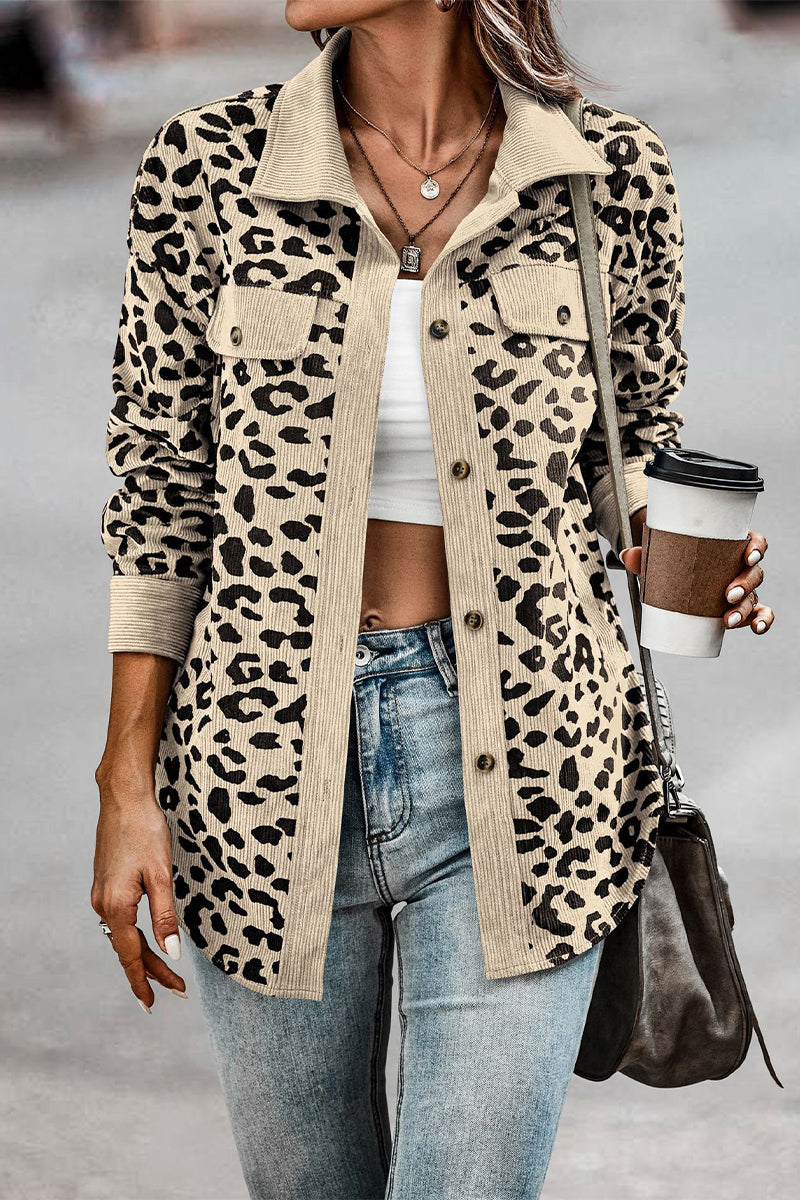 Casual Sweet Leopard Pocket Turndown Collar Tops