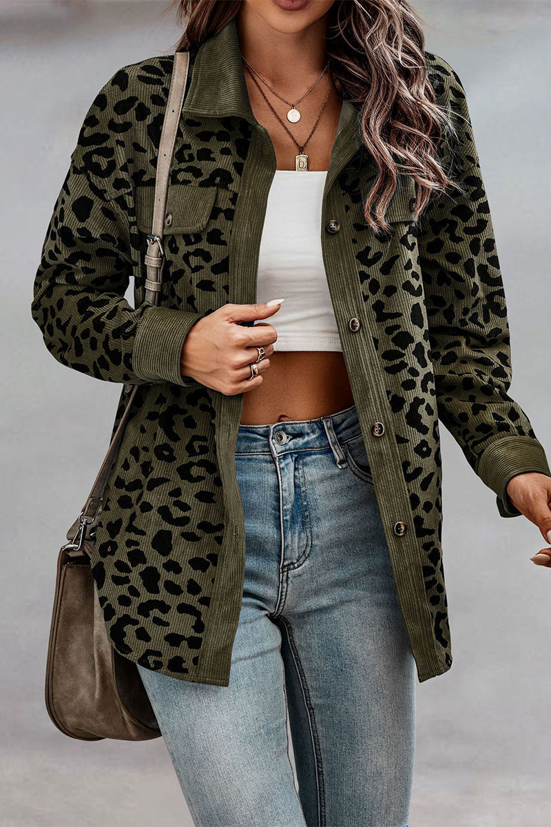 Casual Sweet Leopard Pocket Turndown Collar Tops