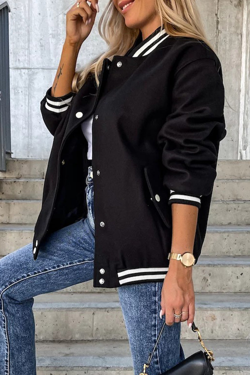 Casual Street Color Block Buckle Contrast O Neck Jacket(4 Colors)