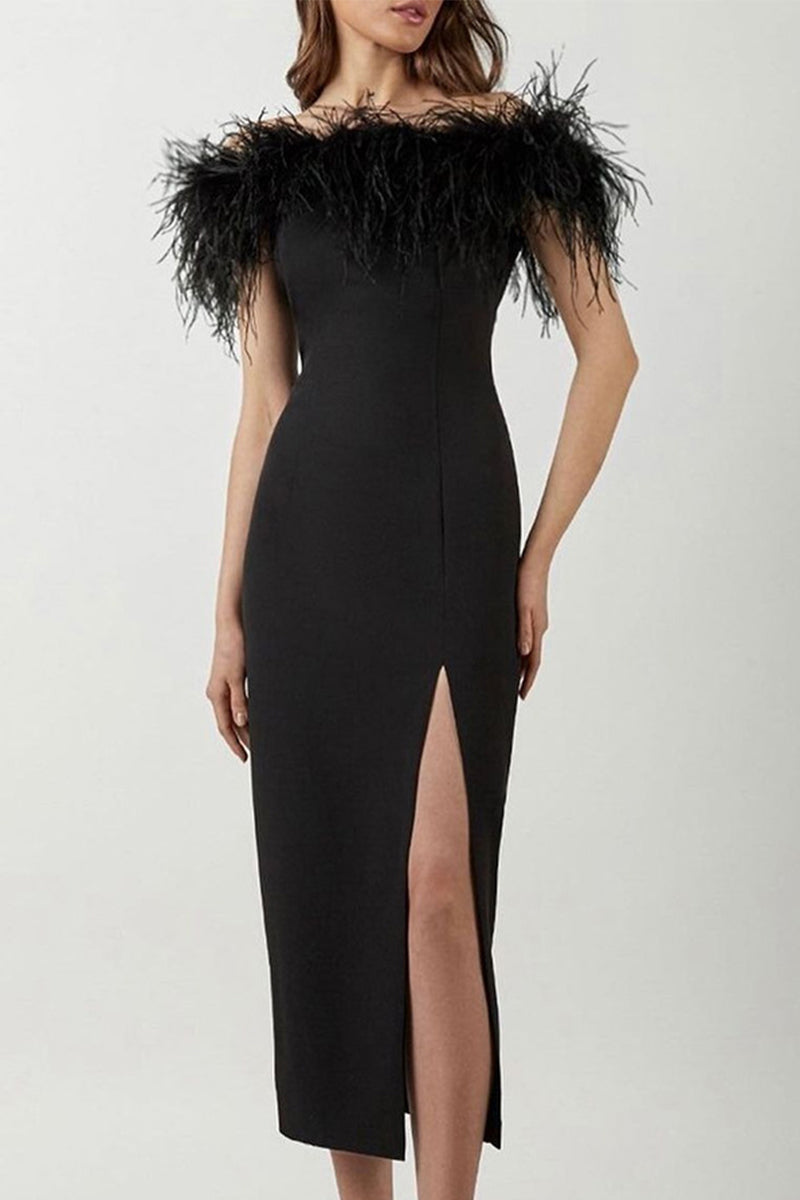 Celebrities Elegant Solid Feathers Zipper Off the Shoulder Evening Dress Dresses