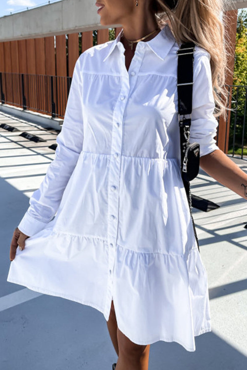 Casual Buckle Turndown Collar Shirt Dress Dresses(4 Colors)