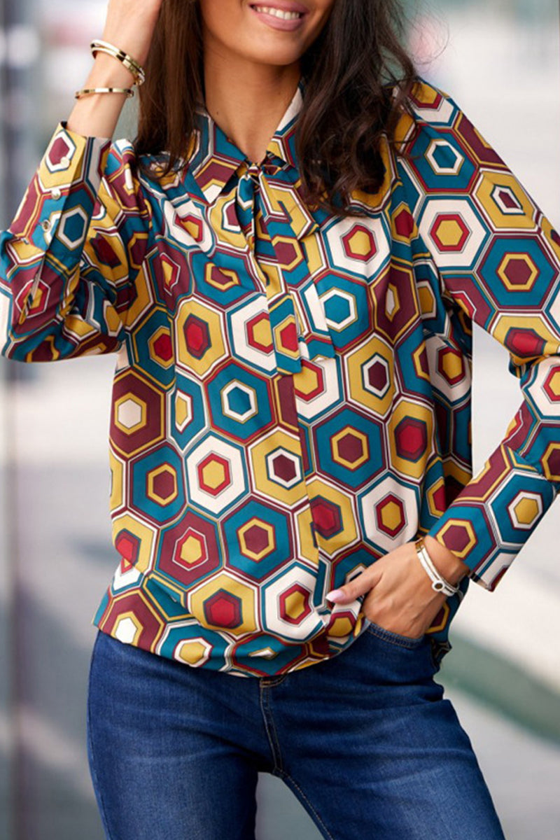 Elegant Print Patchwork Shirt Collar Tops