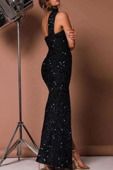 Sexy Solid Sequins Patchwork Slit Asymmetrical Collar Evening Dress Dresses