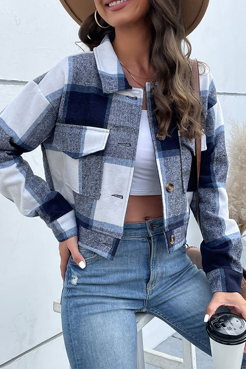 Street Plaid Patchwork Turndown Collar Tops(4 Colors)