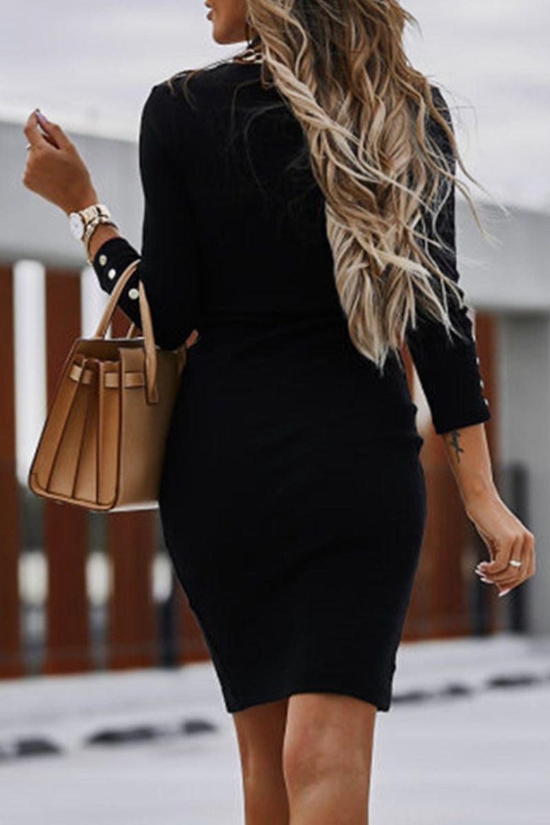 Elegant Solid Buckle V Neck Pencil Skirt Dresses