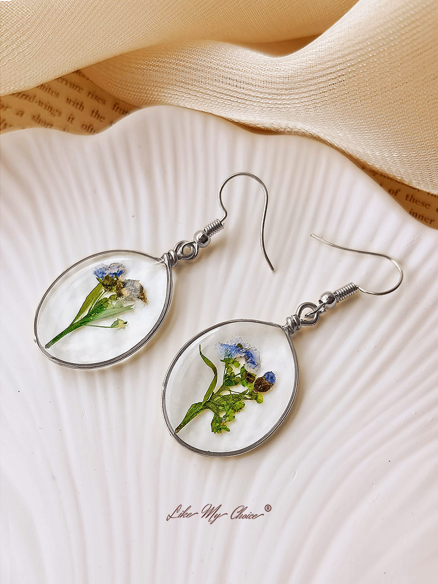 Pressed Flower Earrings -  Forget Me Not Flower Oval