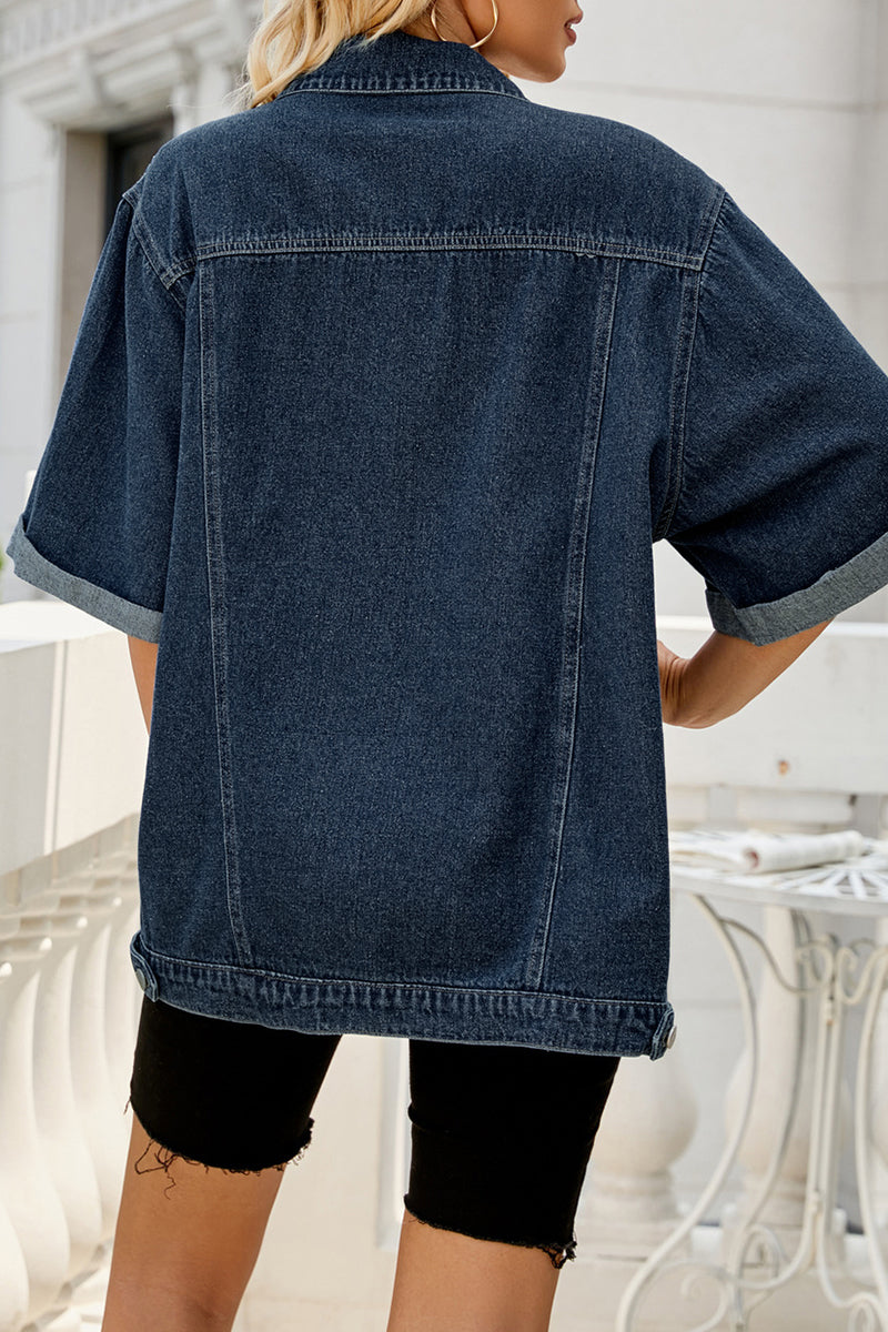 Street Solid Pocket Turndown Collar Half Sleeve Loose Denim Jacket