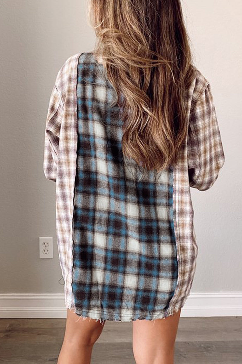 Casual Plaid Patchwork Turndown Collar Tops