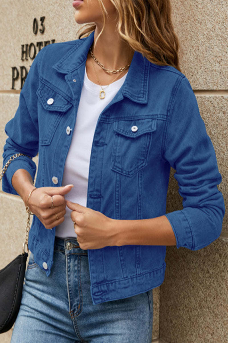 Street Elegant Solid Pocket Turndown Collar Long Sleeve Regular Denim Jacket(7 Colors)