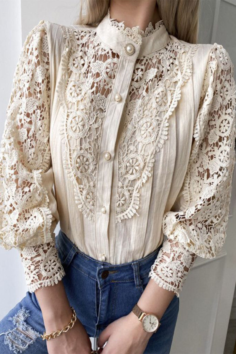 Elegant Solid Lace Mandarin Collar Blouses(3 Colors)