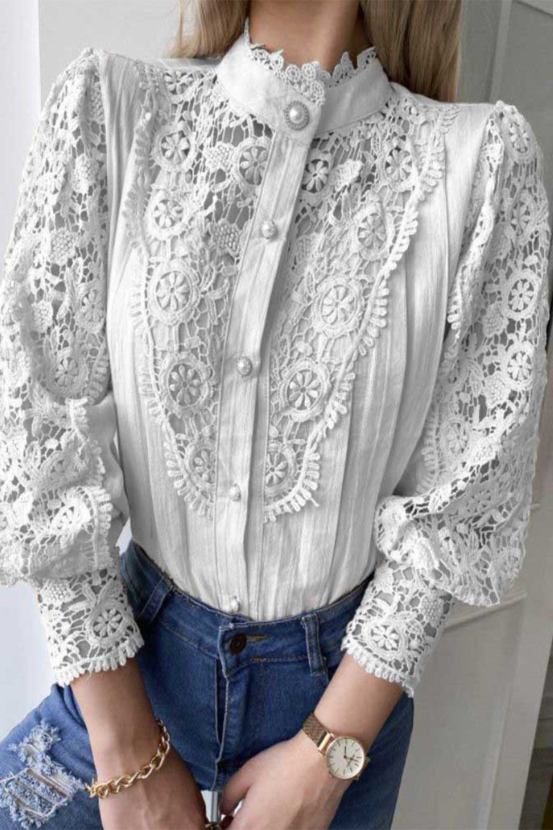 Elegant Solid Lace Mandarin Collar Blouses(3 Colors)