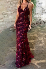 Celebrities Elegant Solid Sequins Frenulum V Neck Evening Dress Dresses