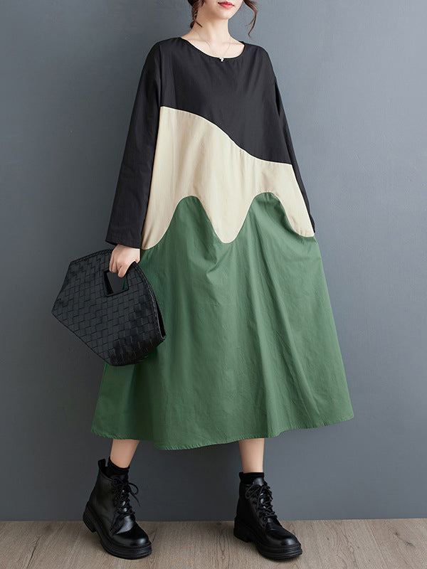 A-Line Long Sleeves Asymmetric Contrast Color Split-Joint Round-Neck Midi Dresses