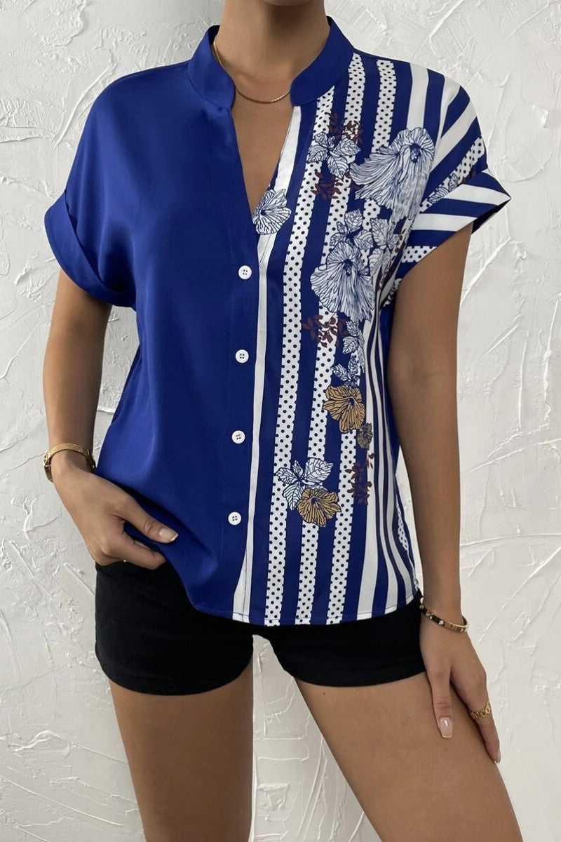 Casual Print Patchwork V Neck Blouses(7 Colors)