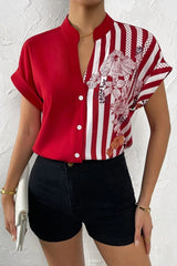 Casual Print Patchwork V Neck Blouses(7 Colors)