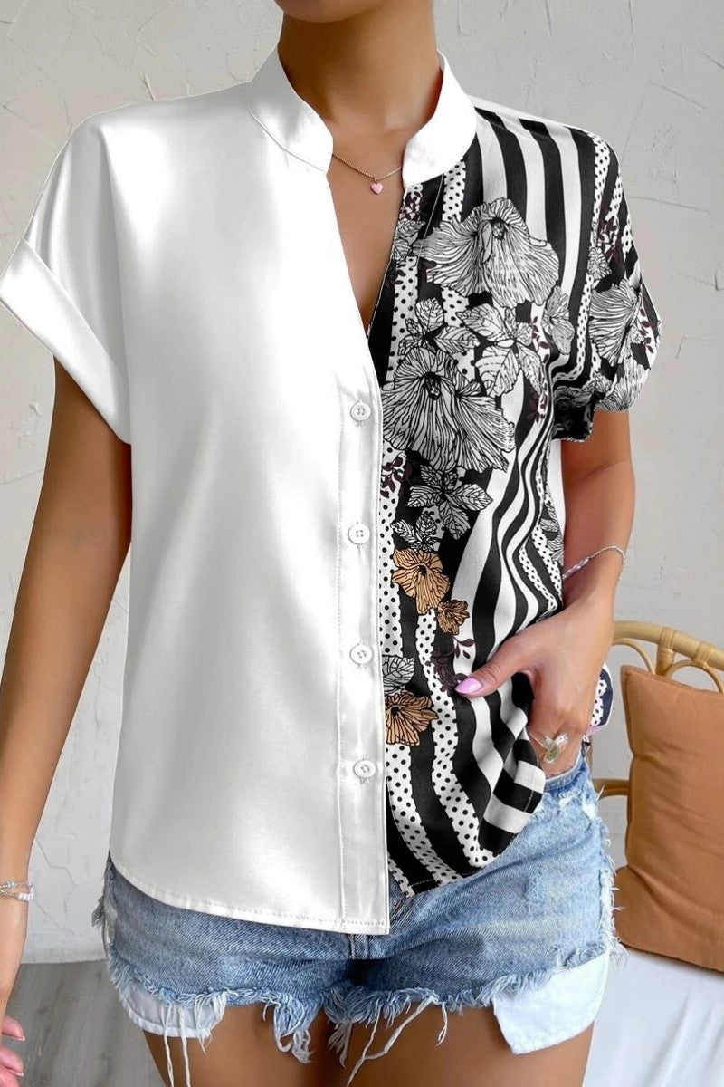 Casual Print Patchwork V Neck Blouses(7 Colors)